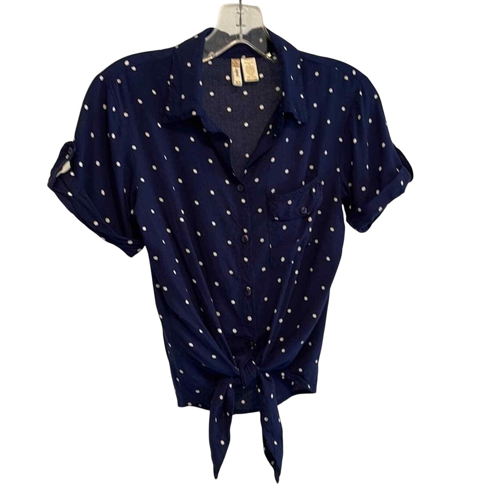 Japna Womens Navy Blue Polka Dot Tie Front Short Sleeve Button Up Shirt XS